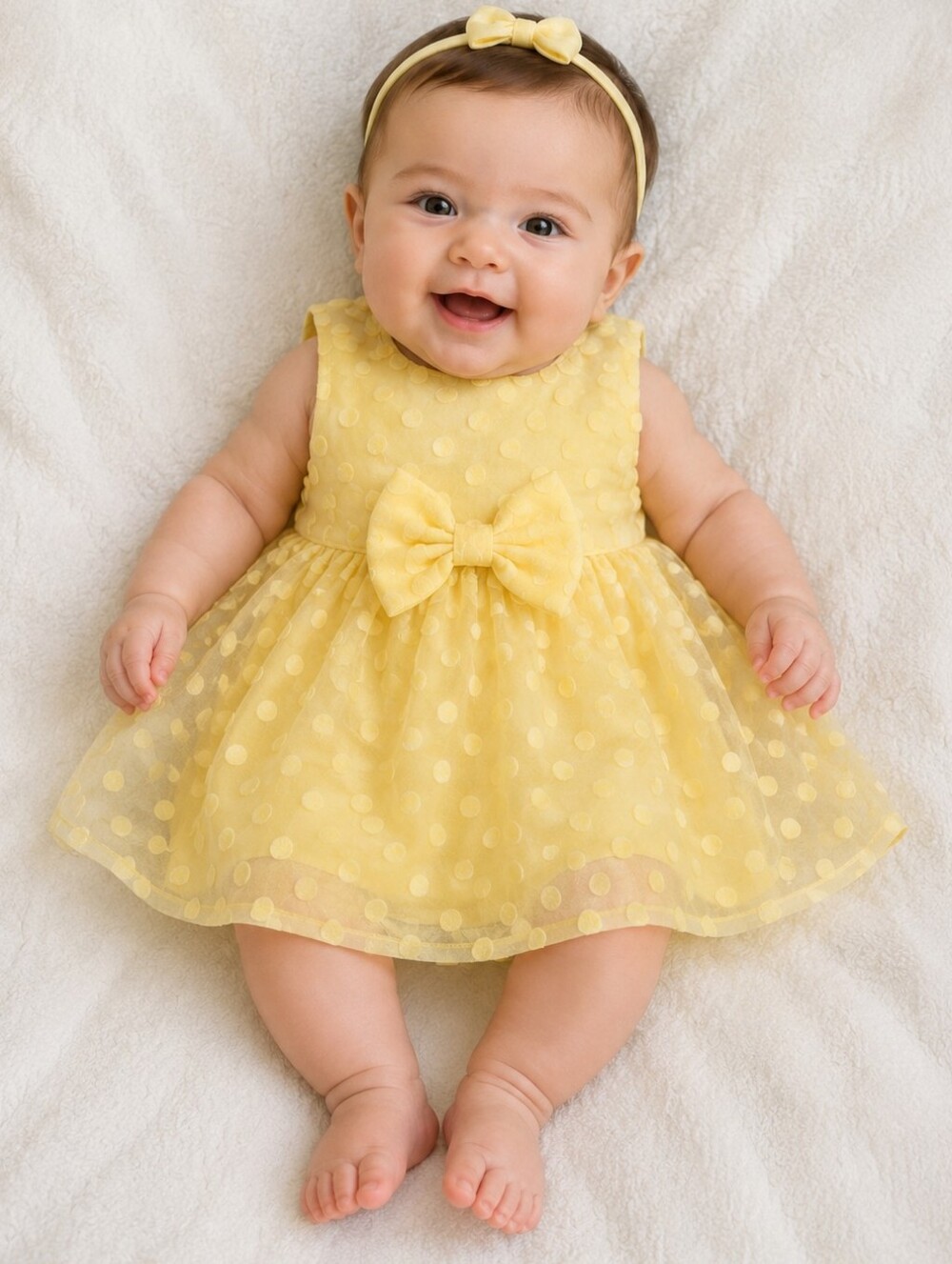 size 3-6 months yellow frilly polka dotted bow dress